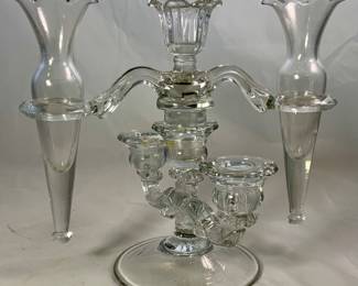 Antique Cambridge Epergne 3-light Candlestick w Crystal Prisms and 2 Vases