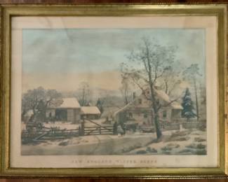 Vintage Currier & Ives “New England Winter Scene Lithograph Print with a Gold Gilt Frame (29.5” X 22.5”)