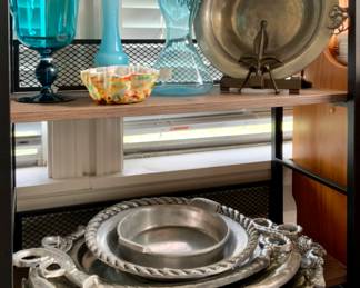 Mid-Century Turquoise/Aqua Vases, End of Day and Hanle & Debler American Pewter 11” Rimmed Bowl
Several Large - Medium Aluminum Serving  Platters