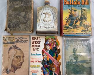 Top Left Across: “Story of the Wild West and Camp-Fire Chats by Buffalo Bill” (1888), Jim Beam 1971 Buffalo Bill Cody Whiskey Decanter, Buffalo Bill Wild West Annual, Classic Illustrates “The Last of the Mohicans”, Real West Annual 1972 Magazine and “Outdoor Life” 1917 with Buffalo Bills last Interview by Chauncey Thomas