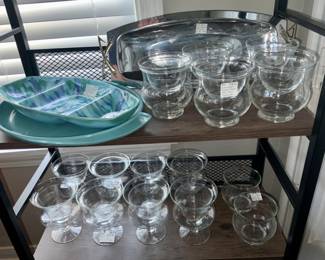 Mid Century Clear Glass Shrimp Cocktails, Kromex Bread Tray, Boonton Turquoise 14.5” Serving Platter and Dryden Ozark Pottery