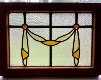Antique English Stain Glass Window with a Yellow and Amber swag Design (23”W x 16.5”H)