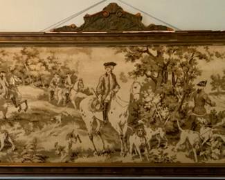 Antique English Hunt Scene Tapestry with Original Frame (60” x 21.5”). With a (19”W x 5”H) Crown