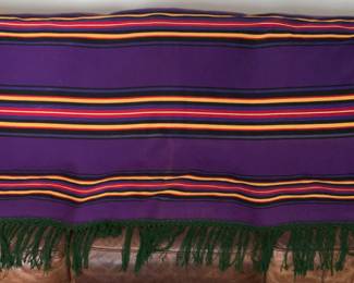 Beaver State Pendleton Woolen Purplew/Yellow & Red Stripe Fringed Blanket.  Pendleton, Oregon (66” x 70” w/6” black Fringe)