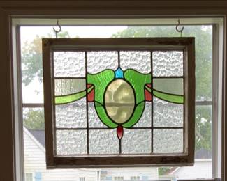 Antique English 3 Part Stain Glass Window Set. (25.5” W x 21H”) Each Window 