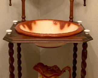 Replica Victorian Style Shaving Mirror Wash Stand with Ceramic Pitcher and Bowl