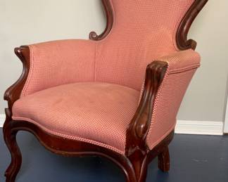 Victorian Mahogany Wood Frame Floral Back Cabriole Leg Arm Chair Upholstered in a Double Welt Miniature Red Check Fabric 