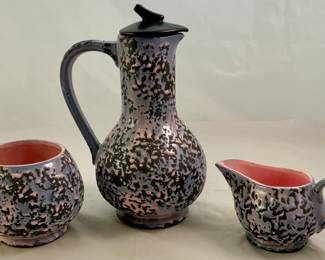 McCoy Mid-Century 1950’s “Brocade” Ewer/Pitcher  with Black Lid, Open Sugar & Creamer.  Black Matte Finish Pottery with Blue & Pink Splatter Glaze and  Pink interior Glaze 