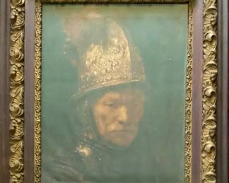 “The Man with A Golden Helmet” attributed to Dutch Painter Rembrandt Print(17” x 21”) Framed in an Antique Wood Frame with Gold Gilt Trim.  (25” x 29”