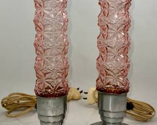 Vintage Depression Era Pink Press Glass Torpedo Vanity Lamps with a Chrome Base