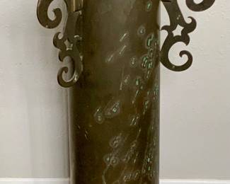 Vintage Heavy Artillery Mortar Casing(22”) Brass/Copper Art Deco Ashtray Smoke Stand on a wood base with  3 Attaches Brass Scroll (23”H x 11”D)