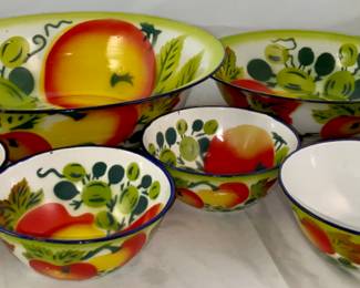 Vintage 1950”s Enamel Harvest Pattern Metal Bowls:  large 16” Wash Basin, 12” Fruit Salad Bowl, 3 ea 6” Cereal/Soup Bowl and 2 ea 6” cereal/soup Bowls with white interior enamel