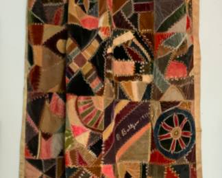 Antique 1917 completely handmade, “Crazy Quilt” and velvet fabrics and decorative stitches (45” x 65”)