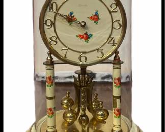 Vintage Mid-Century Kundo, Kieninger & Obergfell Antique White Floral Enamel Face & Columns 400 day Anniversary Clock with a 12” Glass Dome. West Germany,