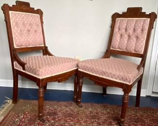 Antique Eastlake incised design with original front leg caster.  Pink brocade upholstery with tufted back.  C. Late 19th century (2 each)