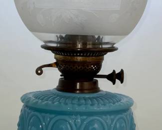 Antique Victorian Oil Lamp with Blue Milk Glass Font on a Bronze Tone Base depicting Birds & nest.  Ball Globe  is Etched with London Land Marks:  Westminster Abbey, St. Paul’s Cathedral, etc. 