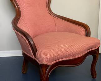 Victorian Mahogany Wood Frame Floral Back Cabriole Leg Ladies Parlor Chair Upholstered in a Double Welt Miniature Red Check Fabric 