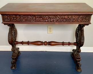 Antique Console Table  w/Fruit and Flora Carves Apron on Ornately Carved Trestle Legs with Turned Stretcher(38”W x 19”D x 29”H)