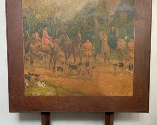 Antique Walnut Folding Fireplace Screen Game Table with an English Hunt Scene (30” x 30” x 29”H)
