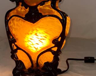 Vintage Wrought Metal and Amber Glass Lamp