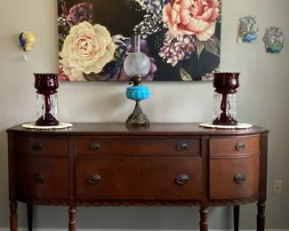 Federal Style Mahogany Sideboard with 2 Center Drawers Flanders curves door cabinets. Top drawer is divided (3part) and felt lined.(66”W x 22”D x 38”H)