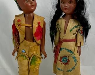 Vintage -1940’-1950’s Pair Indian Tourist Trade Hard Plastic Dolls: Brave, Squaw w/Papouse  in authentic style, Beaded leather clothing, and moccasins
