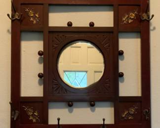 Victorian Wall Mount Coat/Hat Rack with Round Bevel Center Mirror and Brass Hooks (26.5” x 48.5”)