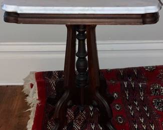 Victorian Rectangular D7 in seven Parlor Table with White Marble Top with a center column 4-Leg Base (25”W x 17.5”D x 27.5”H)