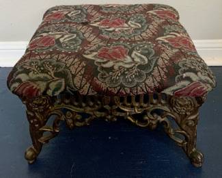 Small Vintage Tapestry Foot Stool on a Cast Iron Base    (15” x 15’ x 8.5’H)