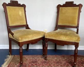 Antique Eastlake incised design with original front leg caster.  Gold velvet upholstery.  C. Late 19th century