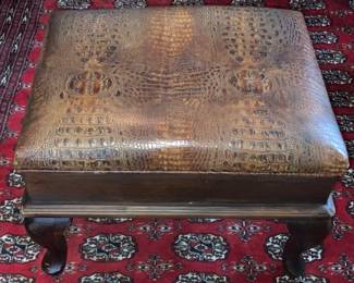 Vintage AlligatorEmbossed Leather Ottoman raised on Cabriole Legs (23.5”W x 18.5”D x 18”H)