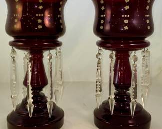Antique Ruby Glass Cut to Clear Lusters with Cut Crystal Prisms