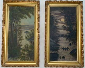 Antique Oil Paintings on Slate by Florence Saxe  with original Gold Gilt Frames (8” x 14”) C.1910-1920’s 
