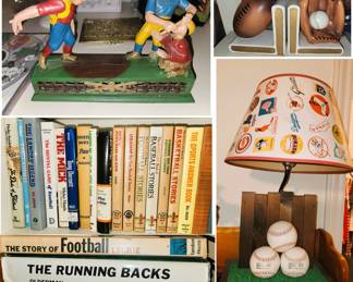 Boys Room Decor: Vintage sports books, baseball lamp, sports bookends and mechanical bank