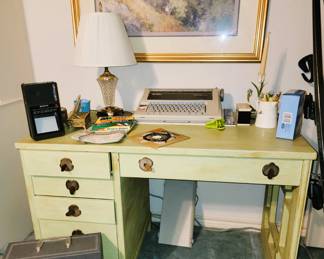 Vintage student desk. Typewriter and Sony Watchman