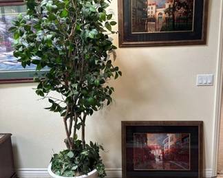 LC144Two Framed, Matted Art Pieces  Ficus Plant In Pot