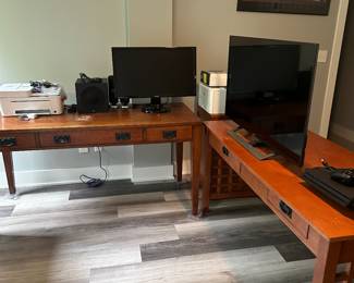 3 desks, 2 matching file cabinets, monitors, tvs