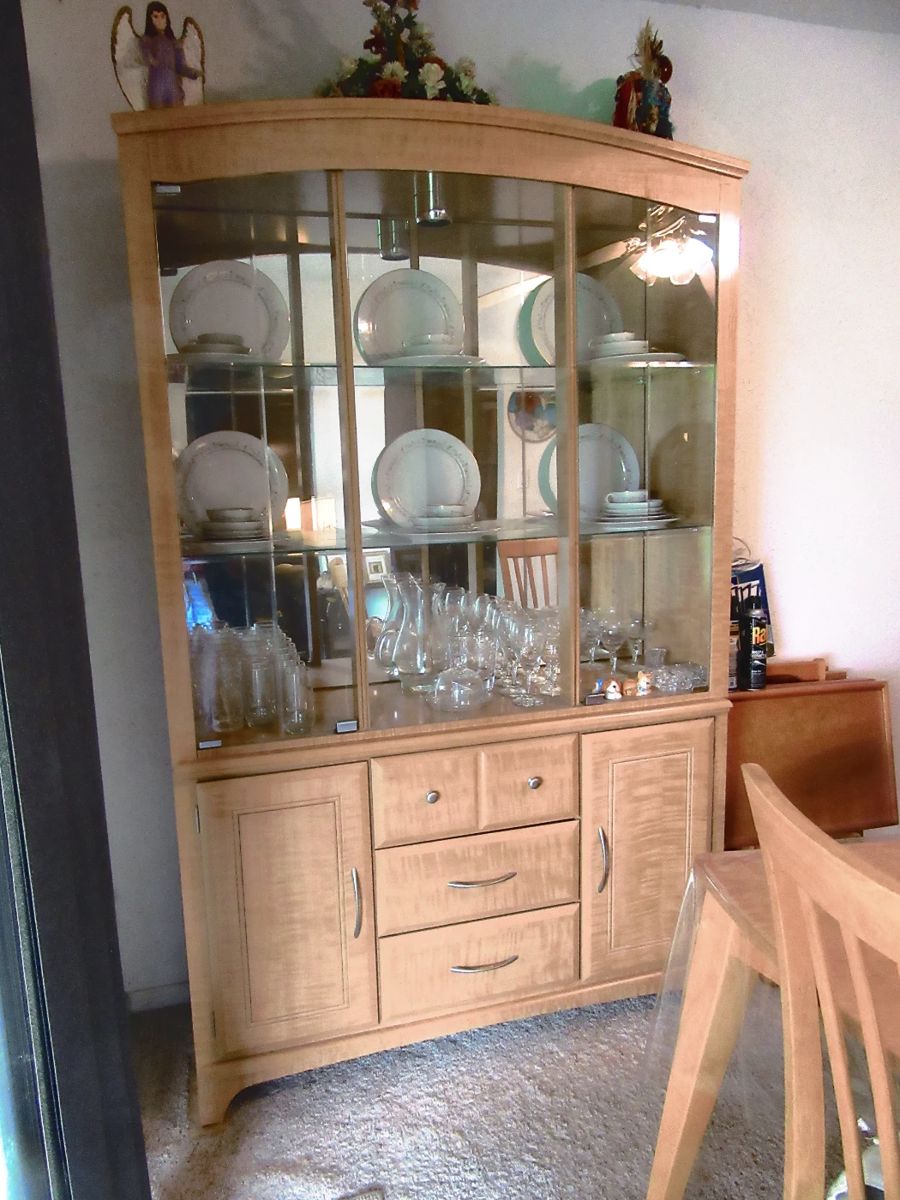 Blonde china hutch, table and four chairs. China in hutch is KYOTO Pattern: Elegance #1210 approx. 100 pc.