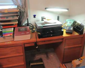 Small office desk, lamp, telephone. office supplies etc..