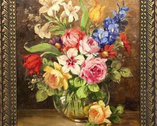 Signed Floral Oil Painting on Canvas in Gold Frame