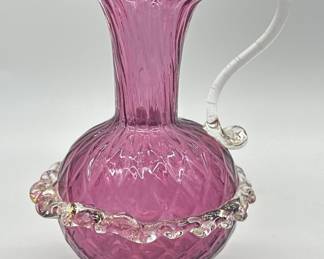 Cranberry Art Glass Pitcher Vase w/ Applied Handle