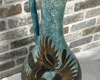 Turquoise & Brown Floor Pitcher Vase w/ Faux Grass