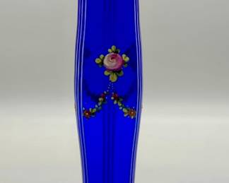 Vtg. Cobalt Blue Bud Vase w/ Hand Painted Flowers