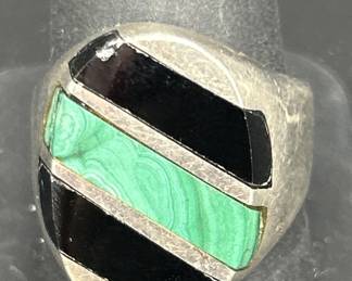 925 Silver w/ Black Onyx & Malachite Ring, Size 11