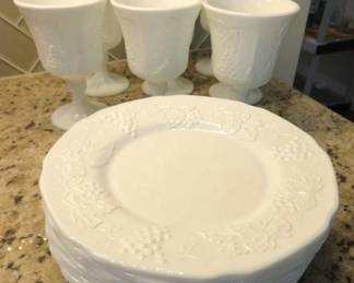 Milk Glass Grape Design Plates/Goblet Set