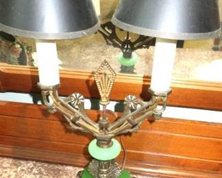 Antique Art Deco Cast Metal Jadeite Glass Table Lamp