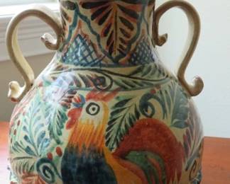 Vintage Mexico Majolica Rooster Design, Double Handle Pottery Vase 