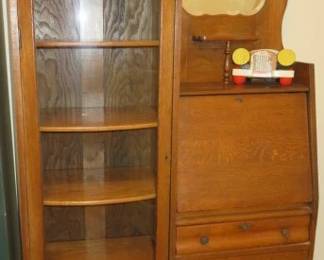 Antique Oak Side by Side Secretary Curio Cabinet