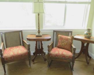 Antique Caned Armchair on Casters & Roker, Victorian Eastlake Parlor Tables