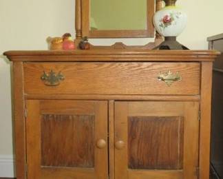 Antique Oak Washstand Cabinet with Swivel Mirror
